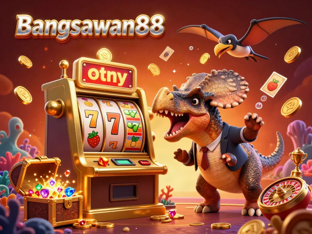 Bangsawan88 slot machine illustration with a pachycephalosaurus winning a jackpot amidst floating cards and coins.