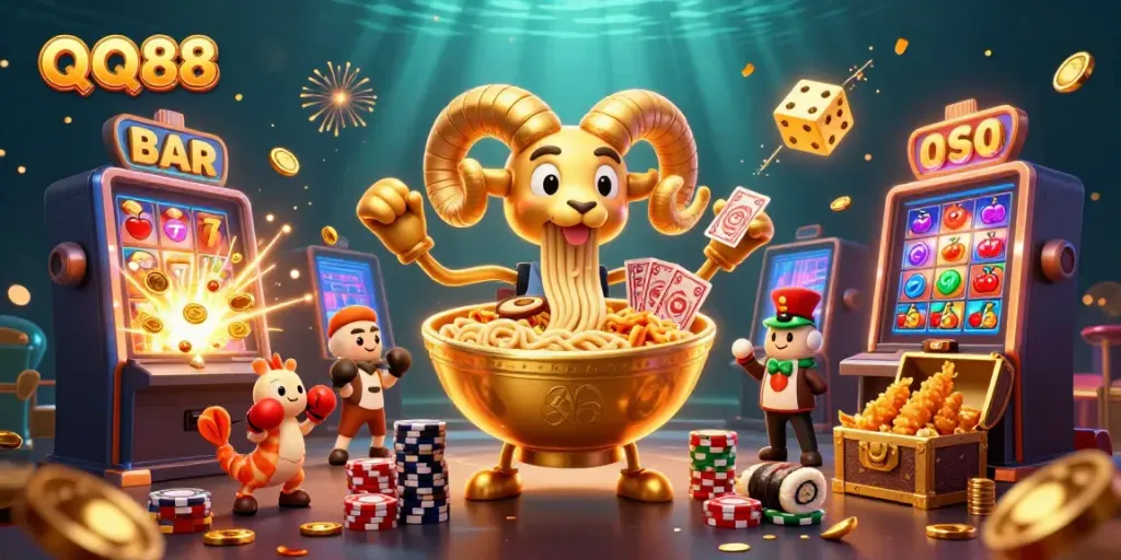 Experience QQ88 as a vibrant cartoon world with animated characters playing casino games.