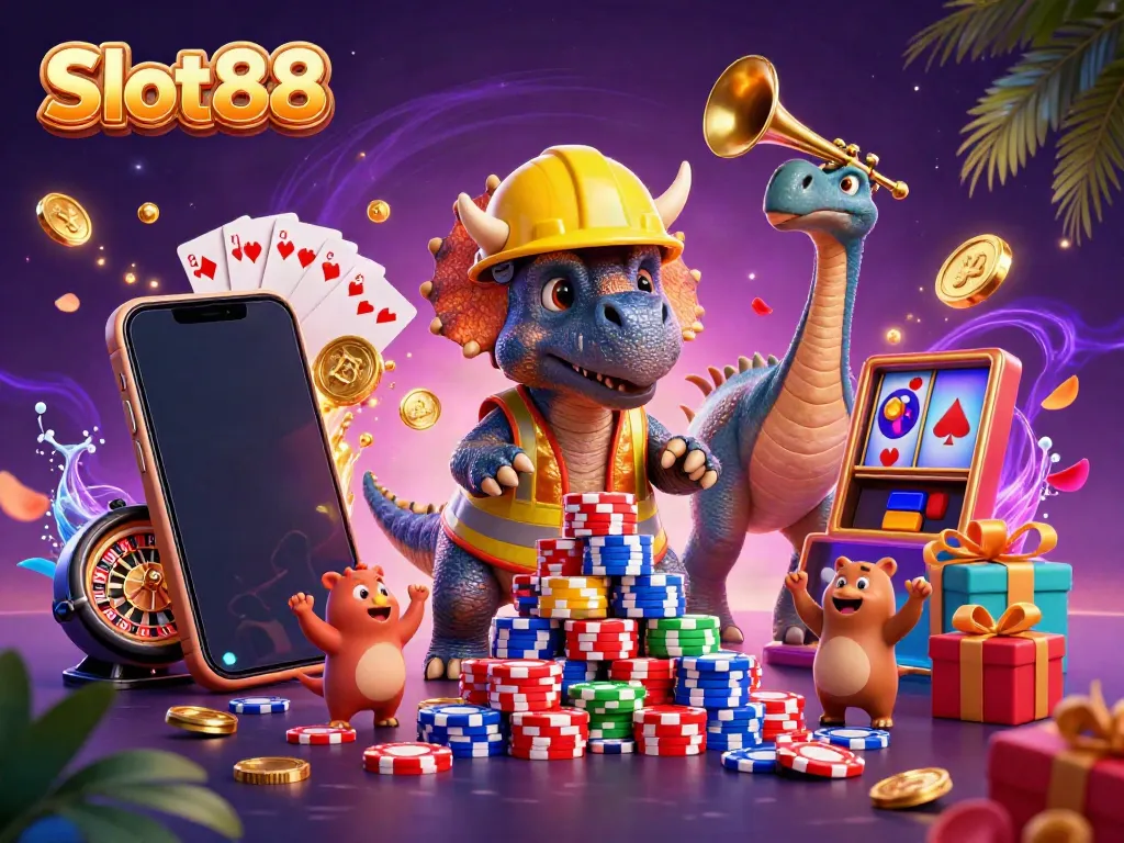 Slot88 showcases a vibrant 3D scene of dinosaurs building a poker chip pyramid surrounded by exciting slot game elements.