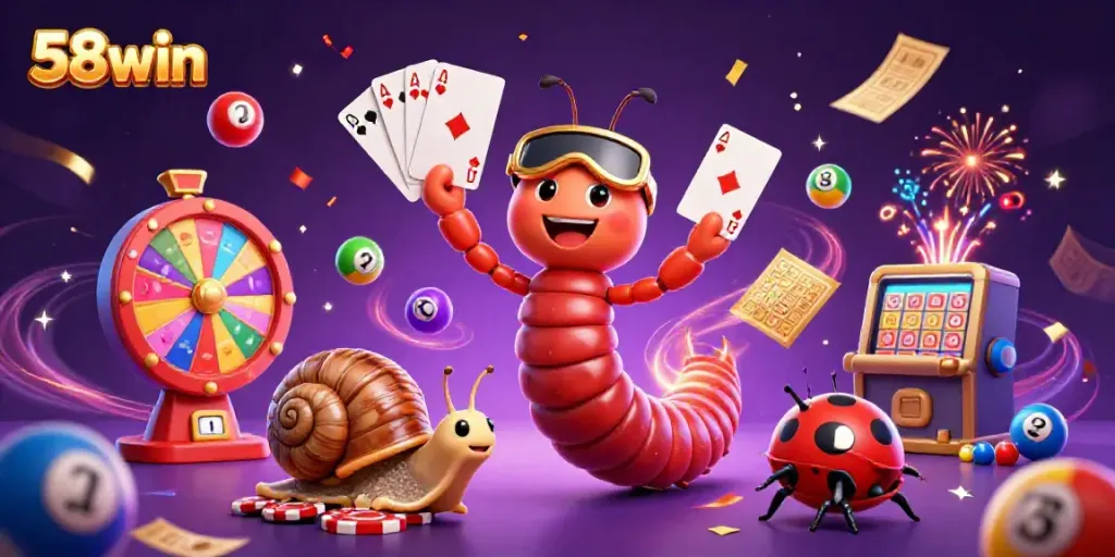 Engage with a vibrant 58win scene of a millipede dealer and high-roller snail amid dynamic casino elements.