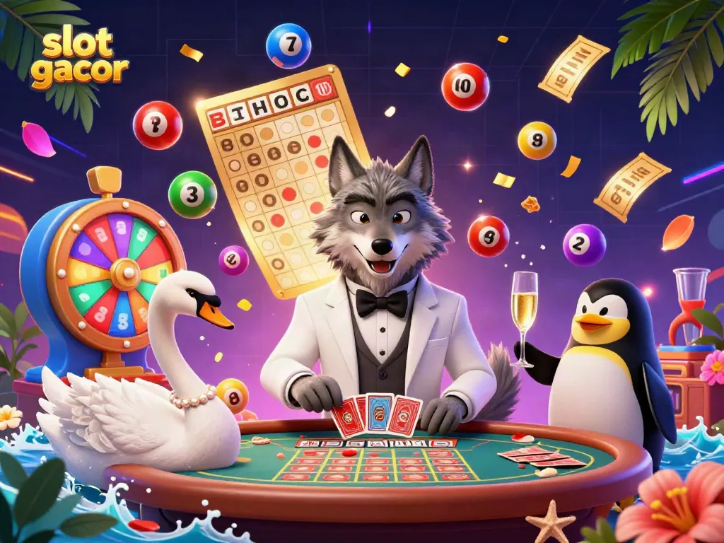 Experience slot gacor action with a 3D cartoon scene of playful characters at a dynamic casino.