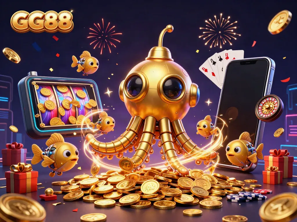 Experience thrilling wins with GG88's dynamic gaming scene featuring a golden kraken submarine and slot games.