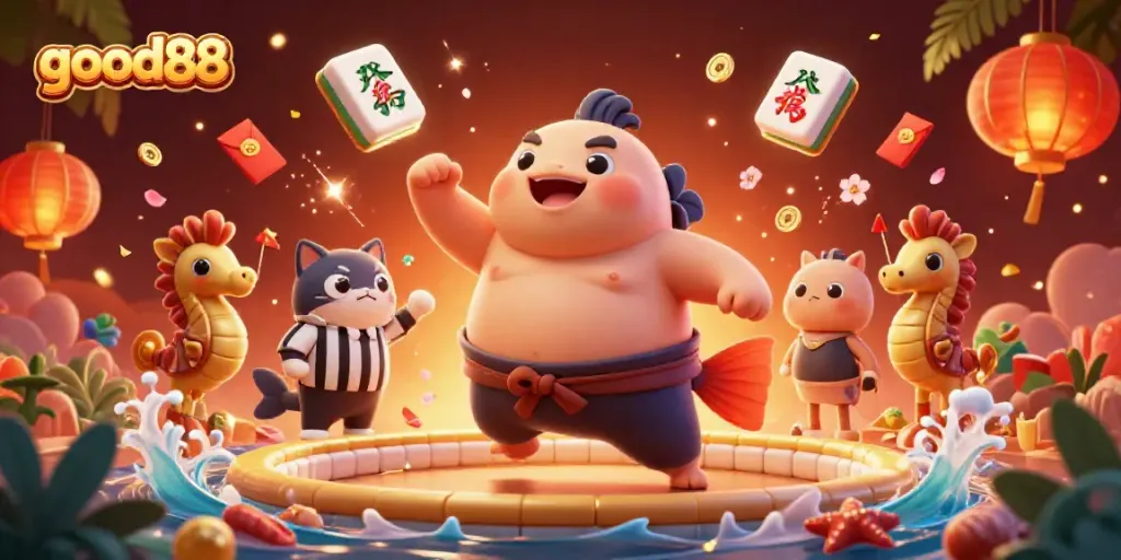 Experience vibrant gameplay with good88 in a lively underwater casino scene featuring a blowfish and catfish referee.