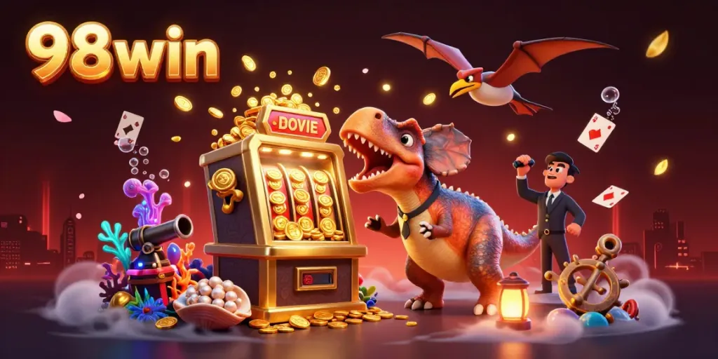 98 win showcases a cartoon dinosaur winning coins from a golden slot machine in a vibrant casino scene.