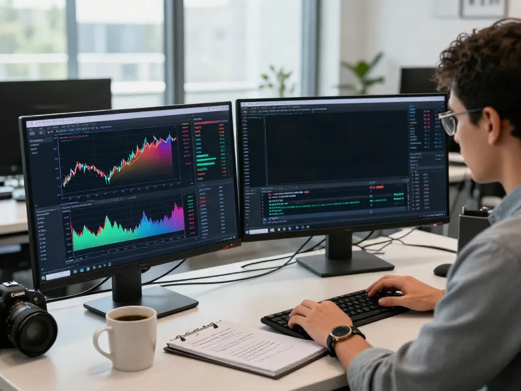 Engaged trader using TradingView for market analysis in a modern workspace.