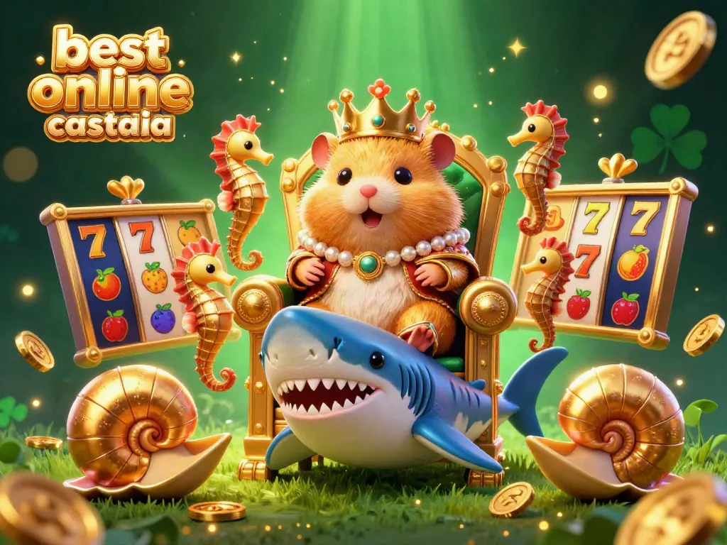 Experience the best online casino Australia through an illustration of a golden hamster king on a megalodon throne surrounded by luck and excitement.
