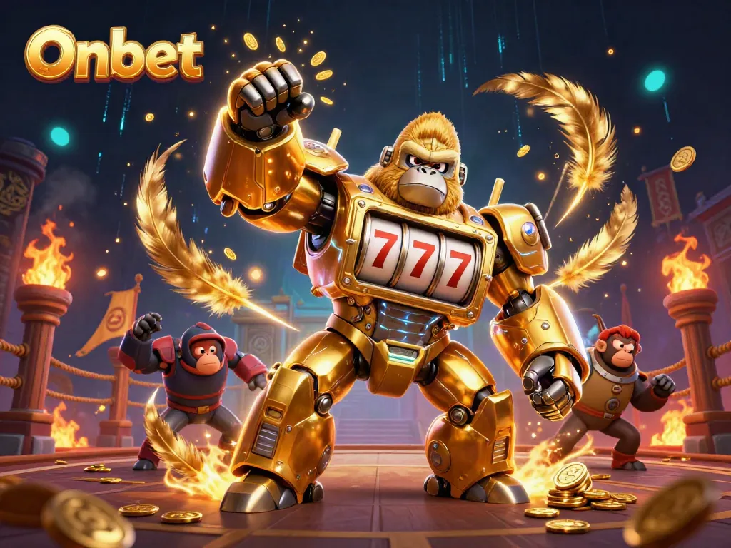 Engage in thrilling gaming at Onbet with a vivid 3D illustration showcasing an action-packed casino scene.