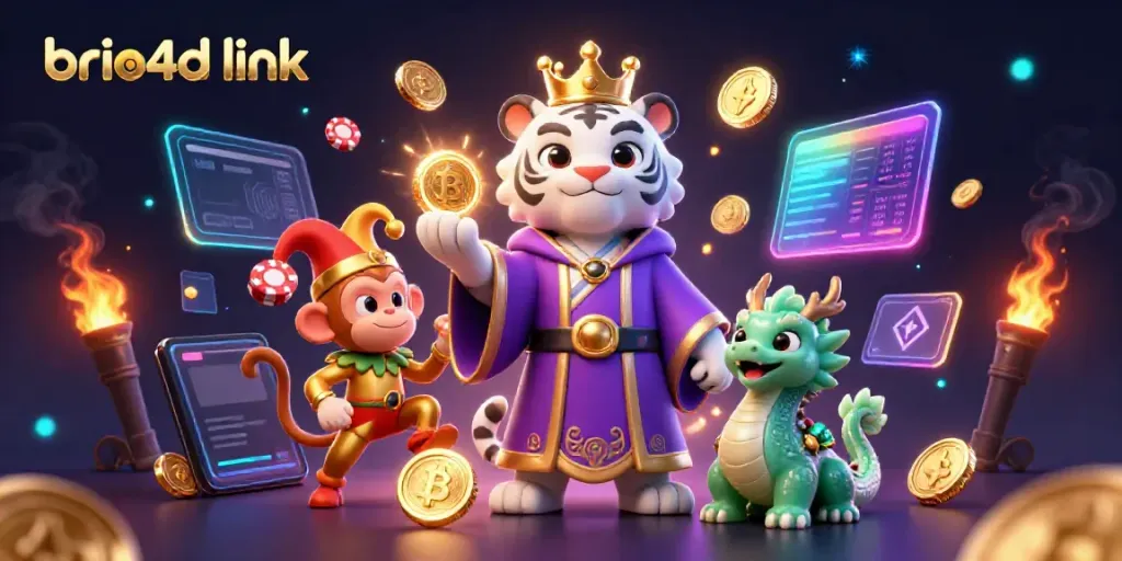 Play poker in style with brio4d link, featuring a white tiger, jester monkey, and jade dragon in 3D.