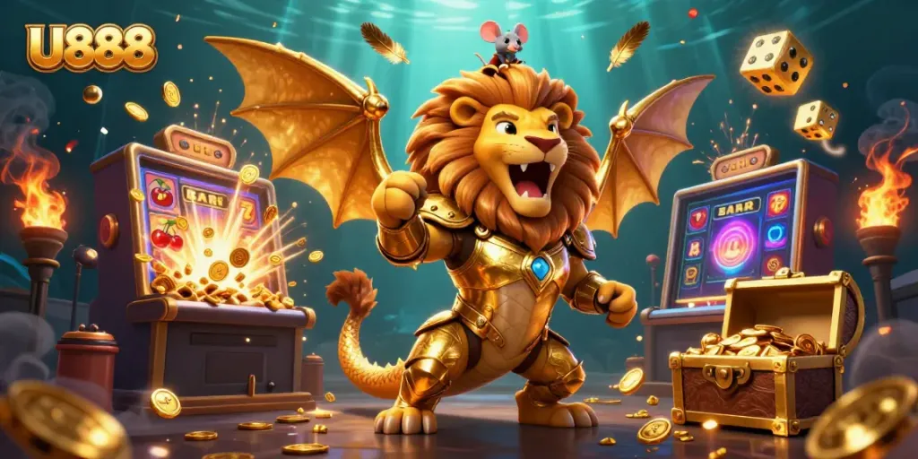 Engage with U888's thrilling casino experience in this vibrant 3D illustration featuring dynamic gaming elements.