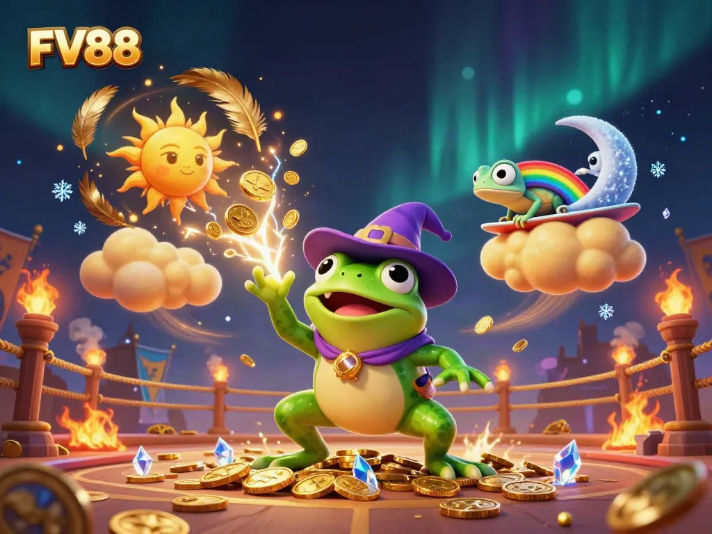 Experience the excitement with FV88, where a wizard frog conjures coins in a vibrant casino scene.