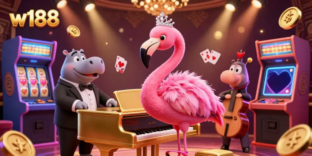 Experience the exciting world of w188 with colorful casino elements and vibrant characters in a dynamic scene.