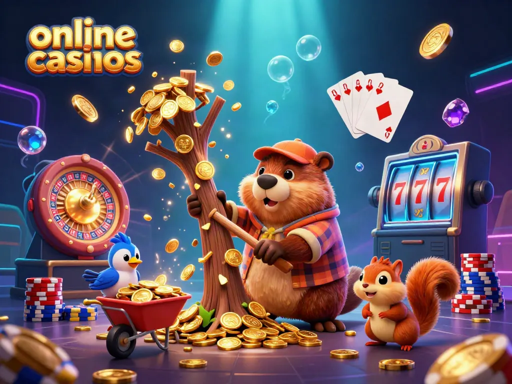 Online casinos scene with a cartoon lumberjack beaver, coins raining down, and a vibrant casino atmosphere.