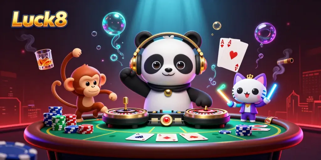 Experience Luck8's vibrant online casino scene with lively characters celebrating gaming wins.