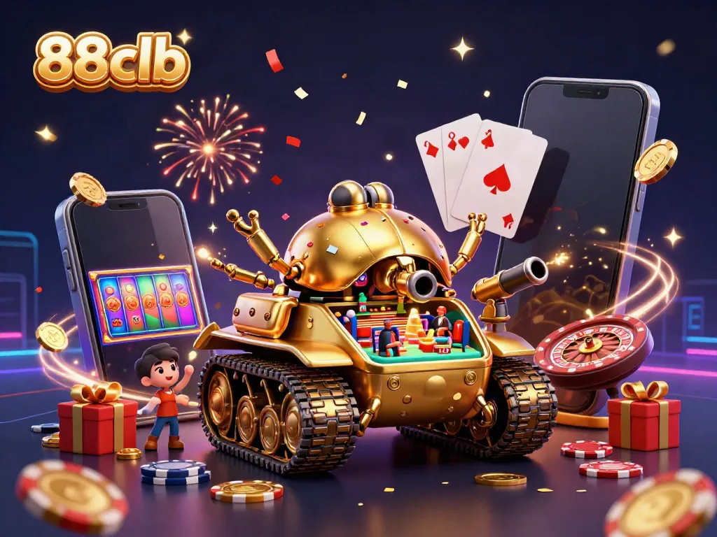 Experience the thrill of 88clb gambling with colorful slot games, confetti, and a unique casino tank.
