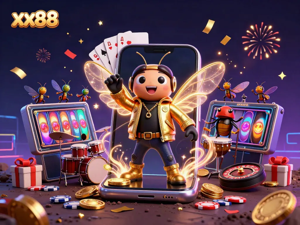 Experience xx88 with a colorful scene of gambling excitement featuring a cicada rock star and festive elements.