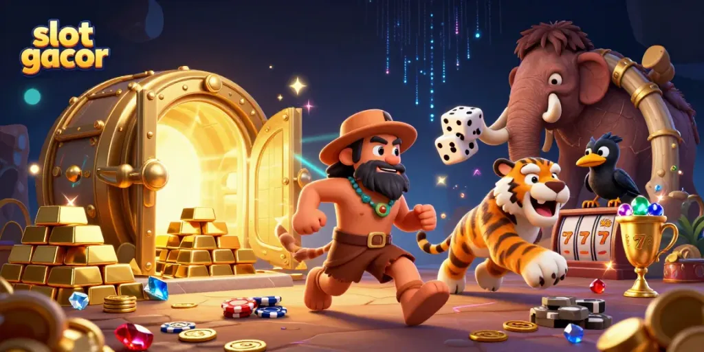 Experience the thrill of slot gacor with a dynamic prehistoric casino scene.