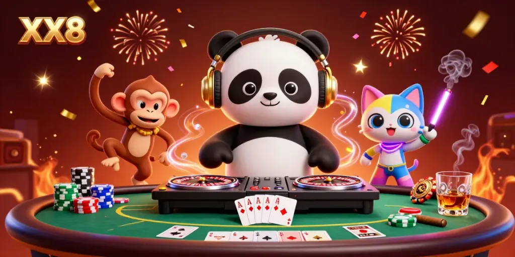 Celebrate at XX8 with a vivid 3D scene featuring a DJ panda, breakdancing monkey, and rave kitten united in gaming excitement.