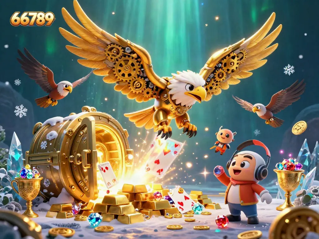 Experience the thrill of 66789 with a cybernetic eagle diving through holographic cards amidst treasure and jewels.