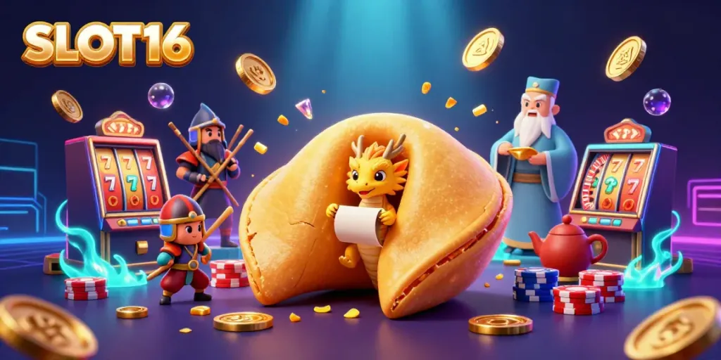 Experience SLOT16 with a vibrant scene featuring a golden fortune cookie, dragon, and cascading casino elements.