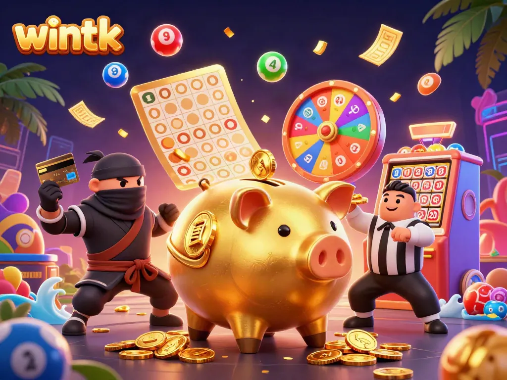 Engage with the exciting wintk casino scene featuring a dynamic golden piggy bank wrestling coins and colorful lottery elements.