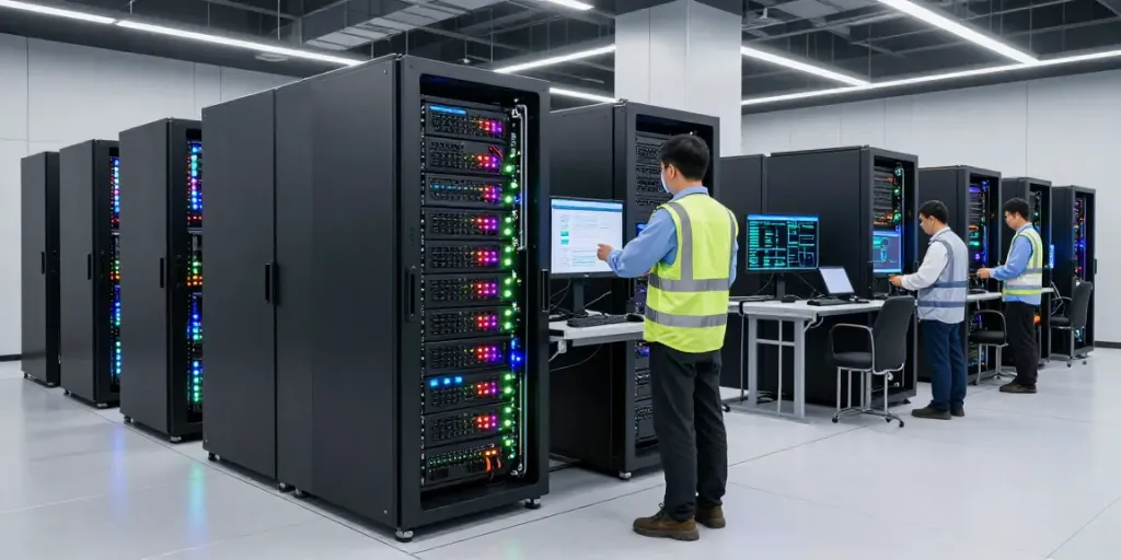 High-density AI data center with engineers maintaining GPU racks and real-time data displays.