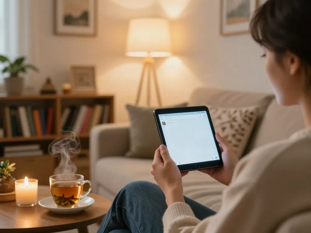 Engaging in ai sex chat in a cozy, intimate living room setting.