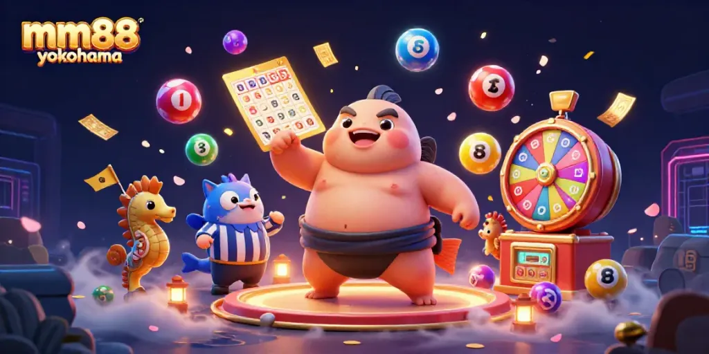 Experience excitement at mm88 yokohama with a lively underwater casino scene featuring a fugu in a sumo belt.