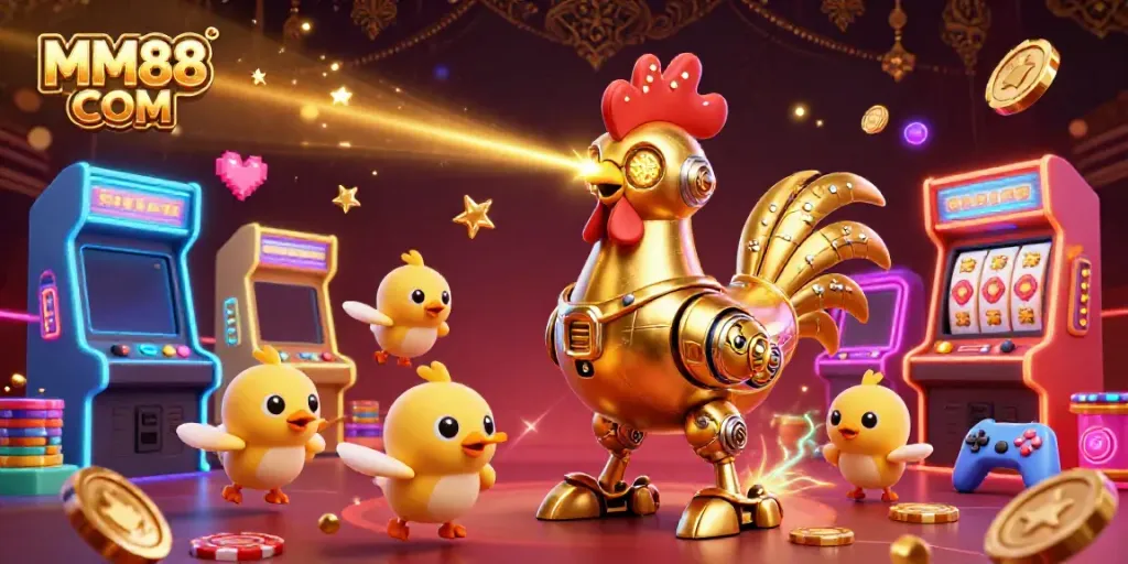Experience the thrilling world of gambling with MM88 COM through this stunning casino illustration featuring a futuristic rooster robot and arcade gaming elements.