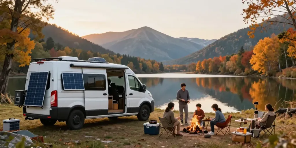 Lithium batteries for RV powering camping appliances by a serene lakeside.