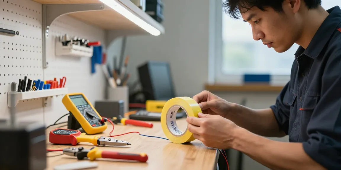 Using Link Super33 electrical tape in a well-lit workshop to ensure quality insulation.