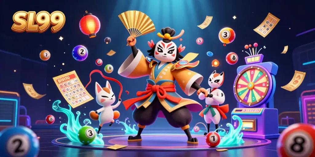 Engage with SL999 through captivating lottery-themed casino illustration featuring dynamic elements.