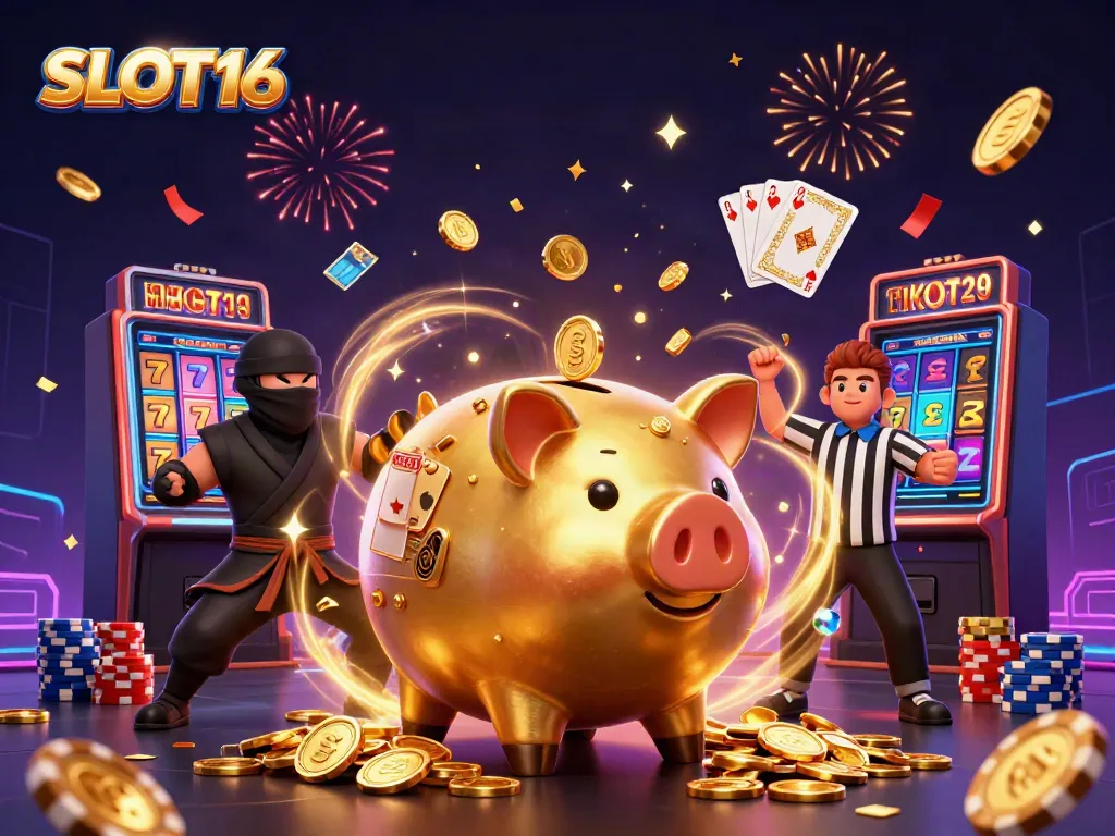 SLOT16 themed casino illustration featuring a golden piggy bank sumo wrestler surrounded by coins, slot reels, and poker chips.