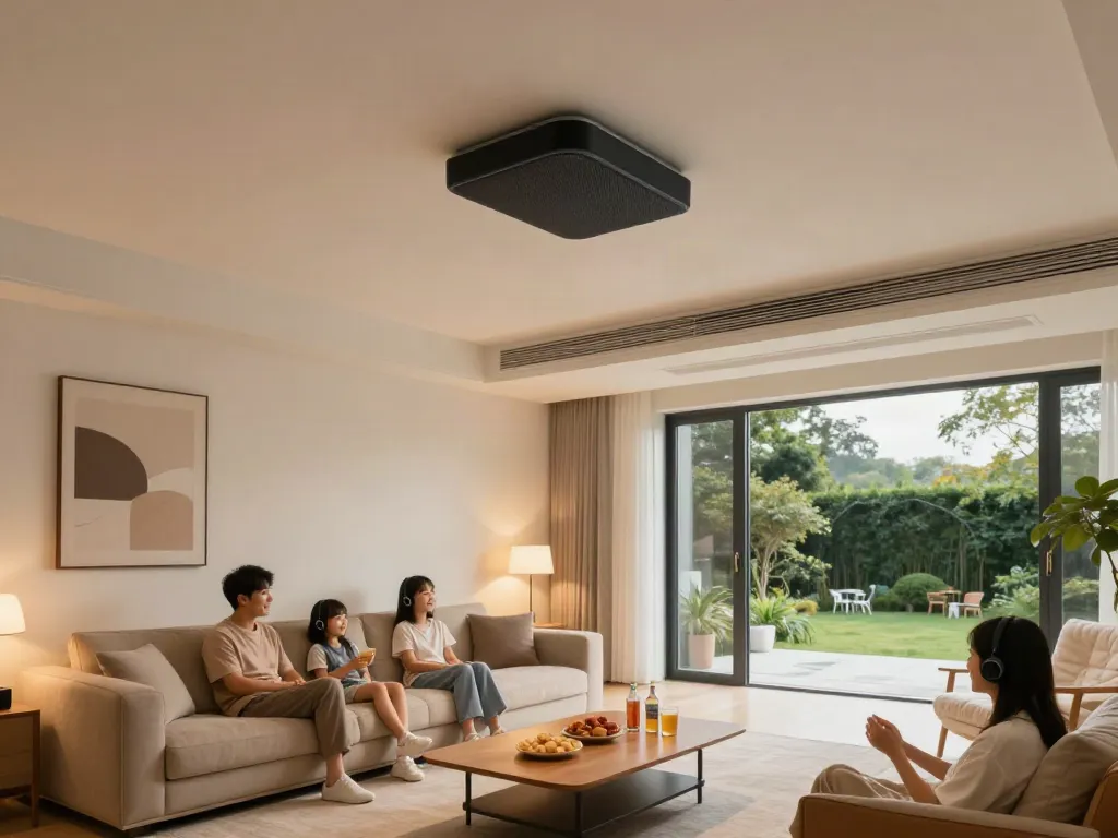 Family enjoying music with a stylish ceiling speaker in a modern living room.