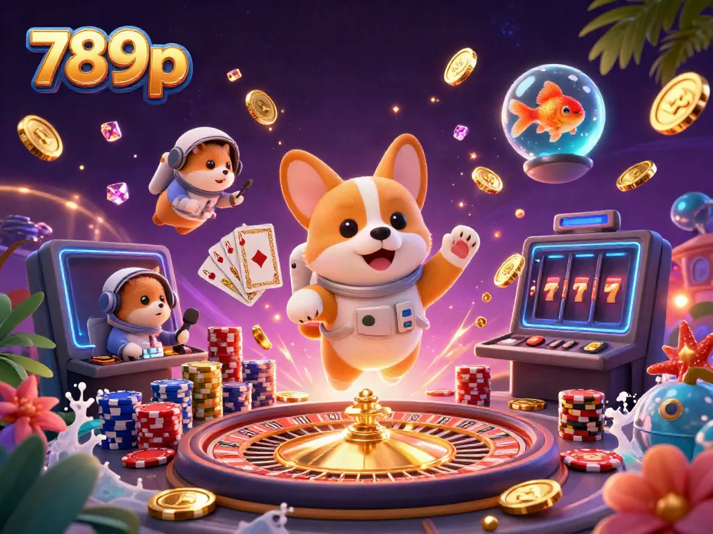 Join the fun at 789p as a cartoon astronaut corgi floats amidst vibrant casino elements, celebrating wins!