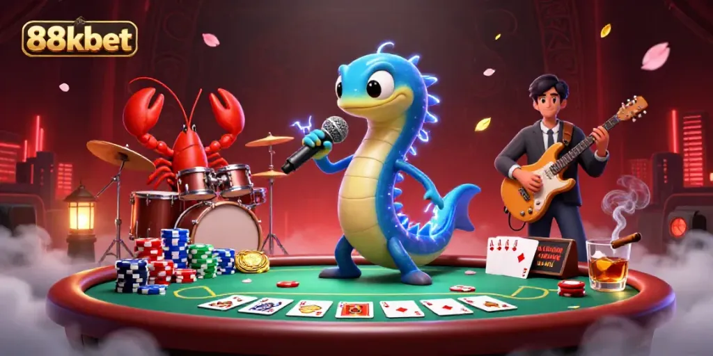 Experience the underwater casino beats with 88kbet's electric eel DJ and vibrant poker action.