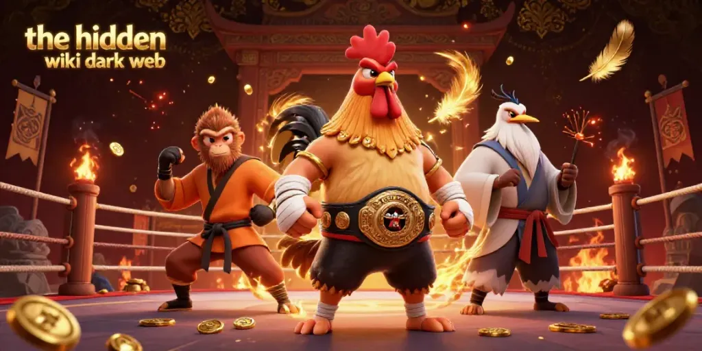 The hidden wiki dark web illustration depicting a Rooster champion and martial artists in a gambling arena.