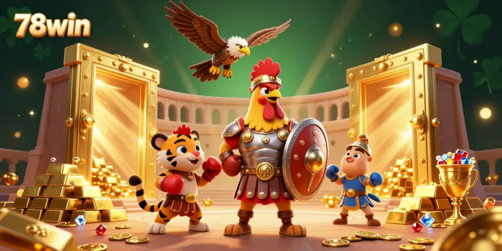 Experience thrilling moments with 78win in this vibrant 3D illustration featuring a gladiator rooster and golden treasures.