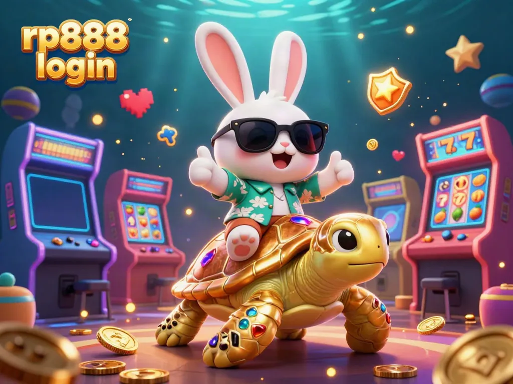 Engage with rp888 login at this vibrant scene featuring a lucky rabbit and casino elements.