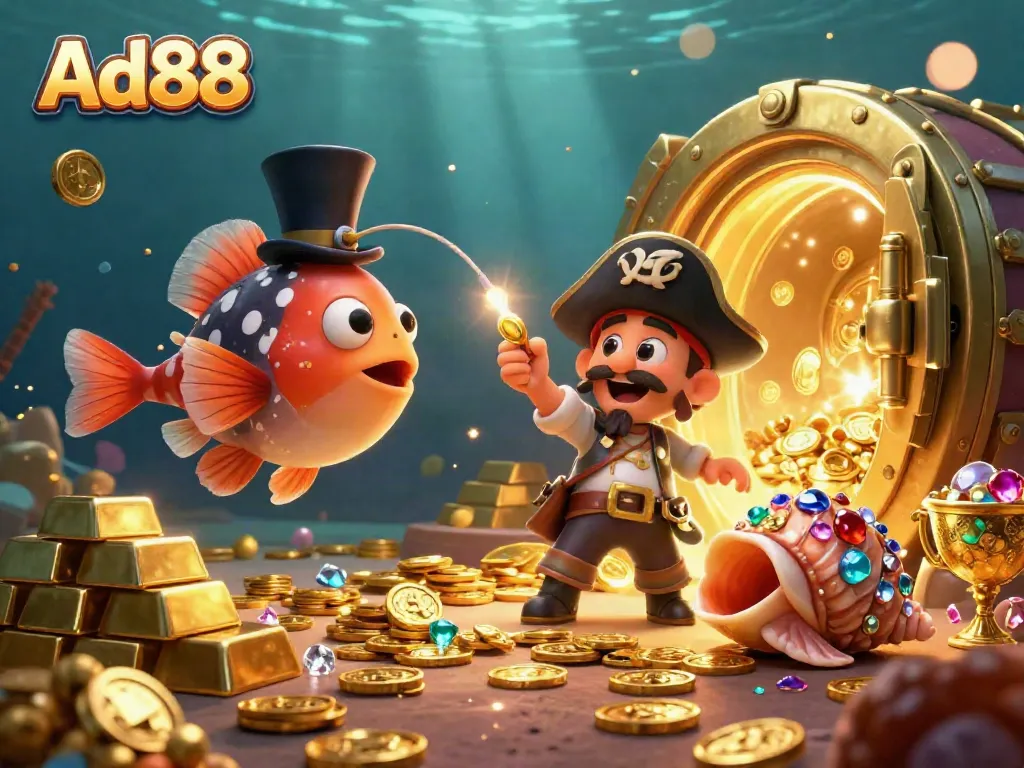 Experience the thrilling world of Ad88 with vibrant characters and treasures in this dynamic casino scene.