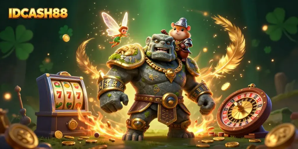 Engage with IDCASH88's vibrant casino world featuring a golem guardian and magical elements.