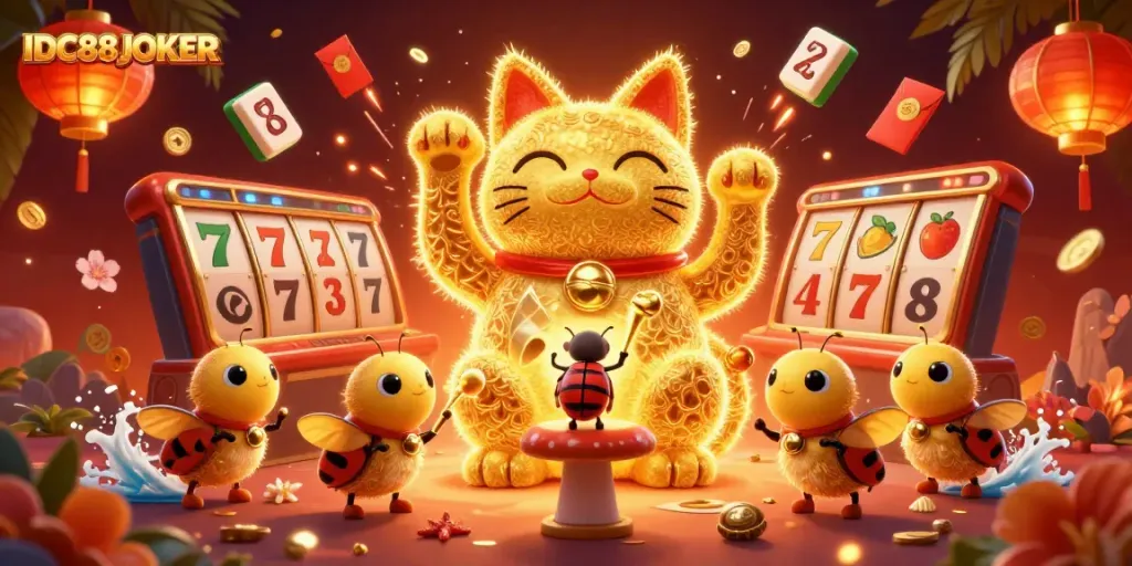 Experience the thrill of IDC88JOKER with a vibrant lucky cat and casino symbols bursting with energy.