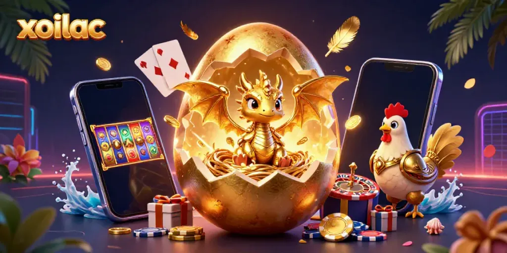 Experience intense gambling action with xoilac's golden dragon guarding poker chips and slot games.