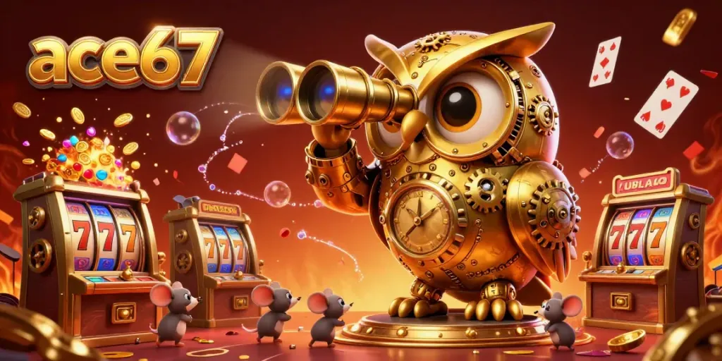 Engage with ace67's thrilling casino experience featuring a golden owl and rich gaming elements.