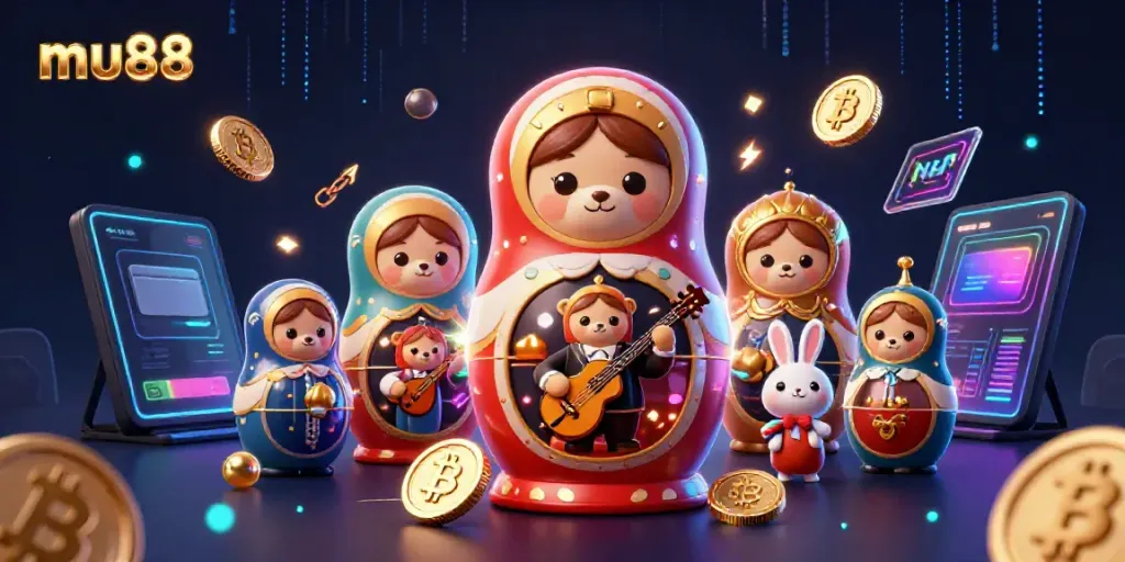Engage in the vibrant world of mu88 with animated characters and shining cryptocurrencies illustrating a festive gambling atmosphere.