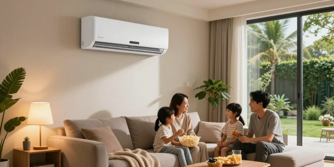 Family enjoying a movie night with a mini split ac unit in their cozy living room.