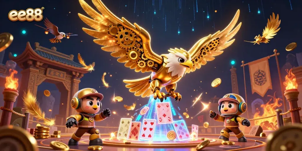 Experience the excitement of ee88 casino as a cybernetic eagle dives through holographic cards in a vibrant scene.