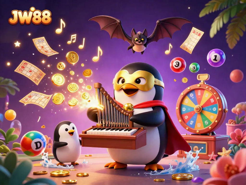 Engage in fun with JW88 as a cartoon penguin plays a golden pipe organ amidst vibrant casino elements.