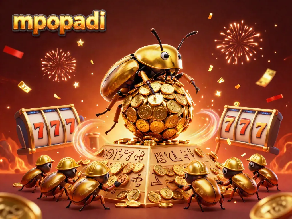 Mpopadi showcases a vibrant scene with a golden dung beetle rolling coins, celebrating slot wins.