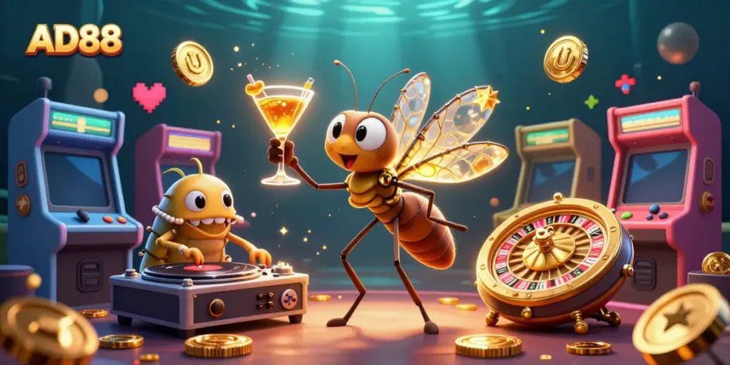 Experience the dynamic energy of AD88 with cartoon characters and vibrant casino elements.