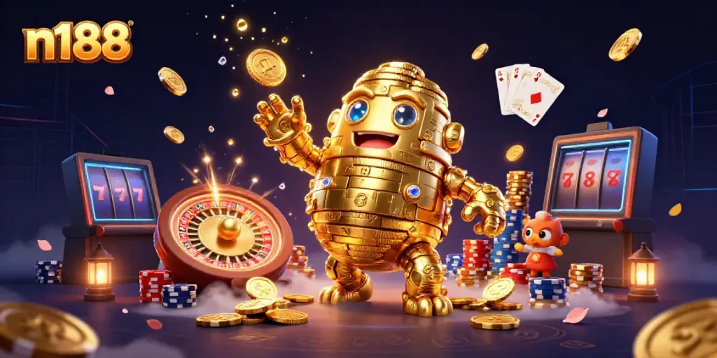 Experience thrilling casino action with n188's dynamic illustration of a golden golem surrounded by games and riches.